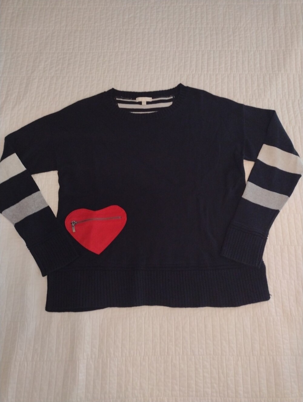 Lisa Todd Heartthrob Sweater Large Cashmere Blend Black Grey Stripe Heart Pocket